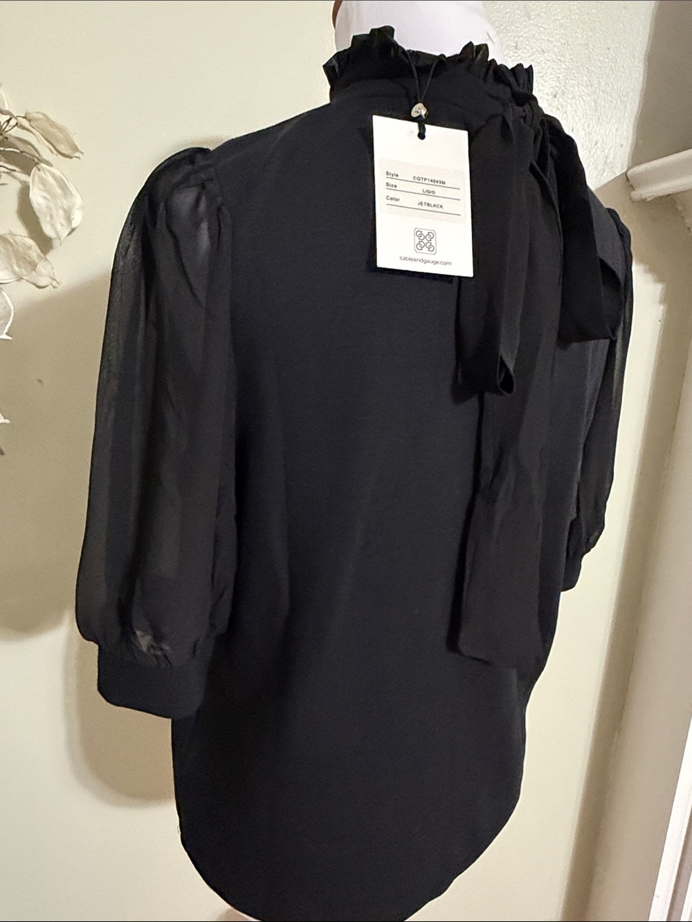 Cable & Gauge Black Ruffle Mock Neck Puff Sleeve Blouse - Picture 7 of 7